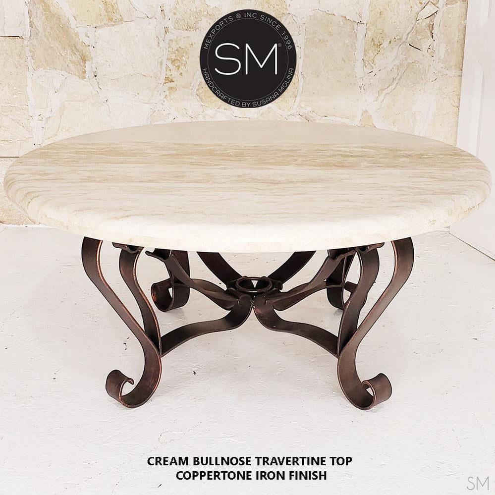 Mexports by Susana Molina 38" Cream Travertine Stone Bullnose Edge Elegant Round Coffee Table
