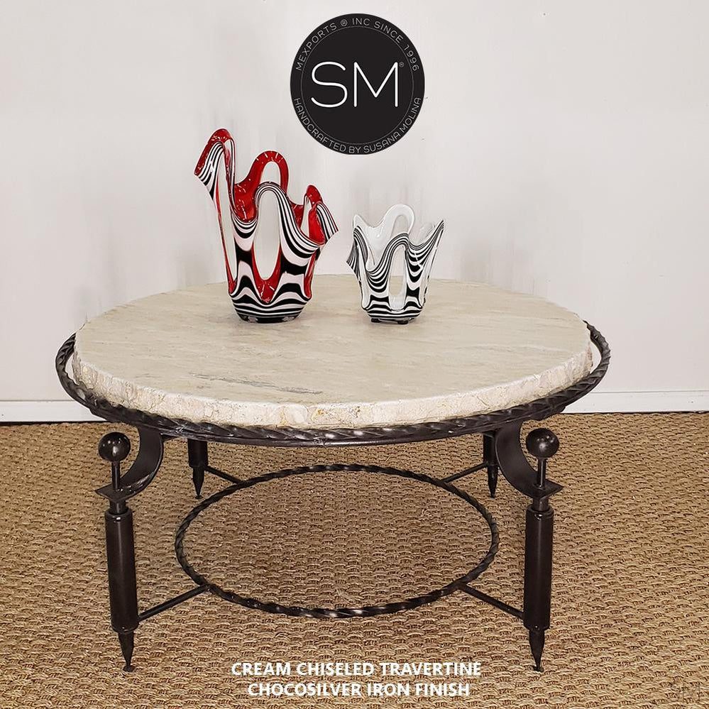 Mexports by Susana Molina 38" Cream Travertine Stone Chisel Edge Contemporary Round Coffee Table