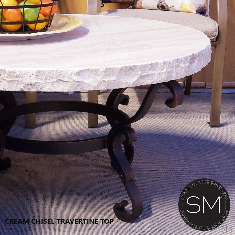 Mexports by Susana Molina 38" Cream Travertine Top Chisel Edge Exotic Round Coffee Table