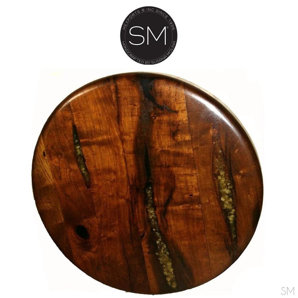 Mexports by Susana Molina 38" Mesquite Wood High End Round Bar Table With Gold Citrine Inlay