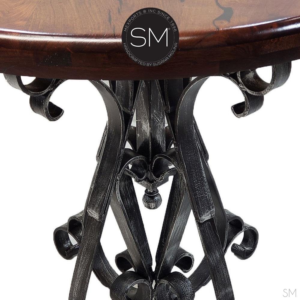 Mexports by Susana Molina 38" Mesquite Wood High End Round Bar Table With Hammer Copper Inlay and Nails