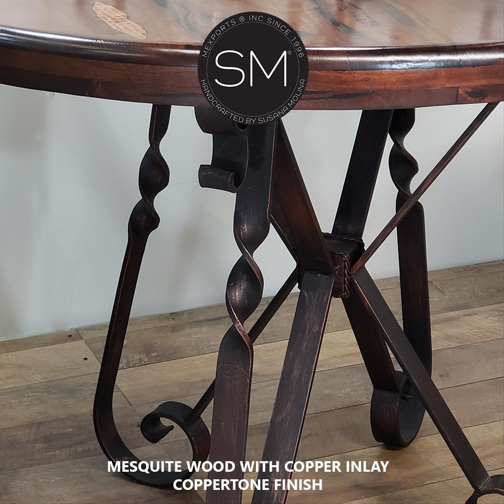 Mexports by Susana Molina 38" Mesquite Wood Tabletop Round Bar Table With Hammer Copper Inlay