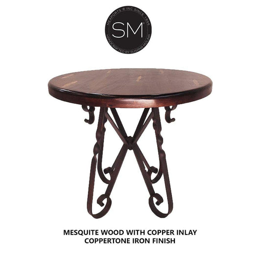 Mexports by Susana Molina 38" Mesquite Wood Tabletop Round Bar Table With Hammer Copper Inlay