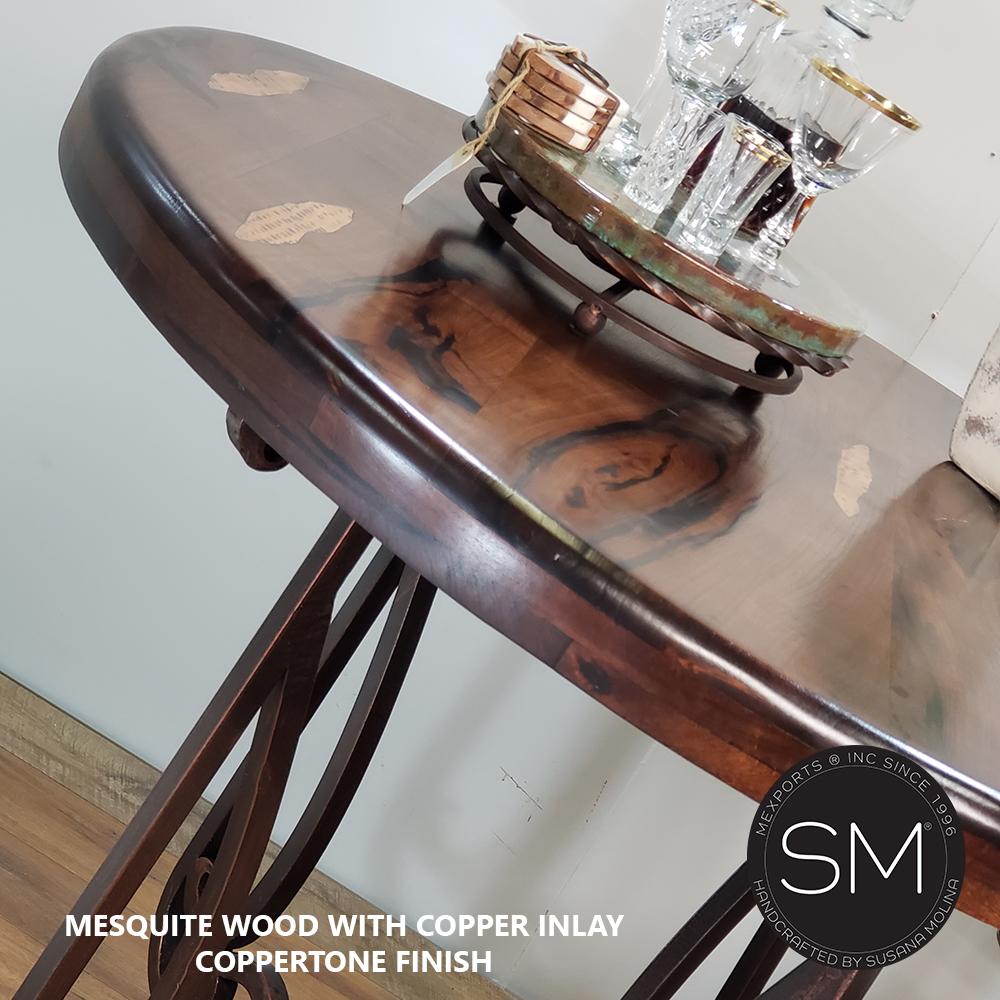 Mexports by Susana Molina 38" Mesquite Wood Top Bullnose Edge Elegant Round Bar Table With Hammer Copper Inlay
