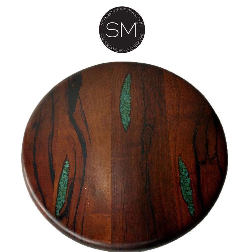 Mexports by Susana Molina 38" Mesquite Wood Top Bullnose Edge Elegant Round Bar Table With Turquoise Inlay and Nails