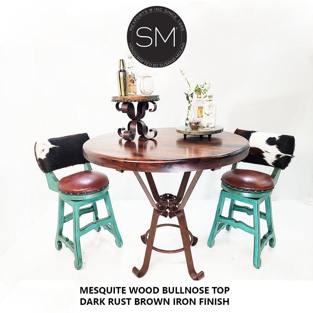 Mexports by Susana Molina 38" Mesquite Wood Top Bullnose Edge Round Bar Table With Hammer Copper Inlay