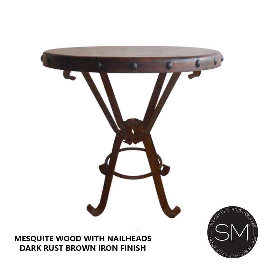 Mexports by Susana Molina 38" Mesquite Wood Top Bullnose Edge Round Bar Table With Hammer Copper Inlay and Nails