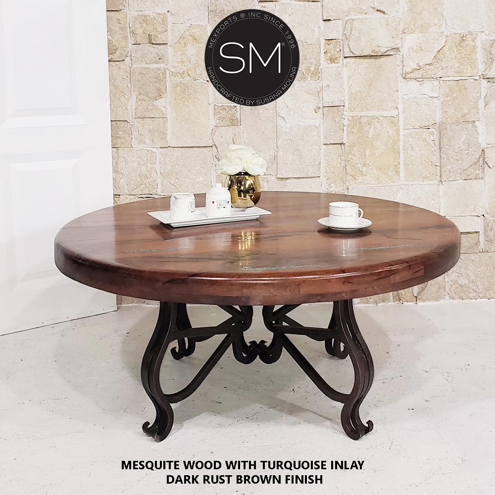 Mexports by Susana Molina 38" Mesquite Wood Top Turquoise Inlay With Nailheads on Edge Contemporaneous Round Coffee Table With Iron Base
