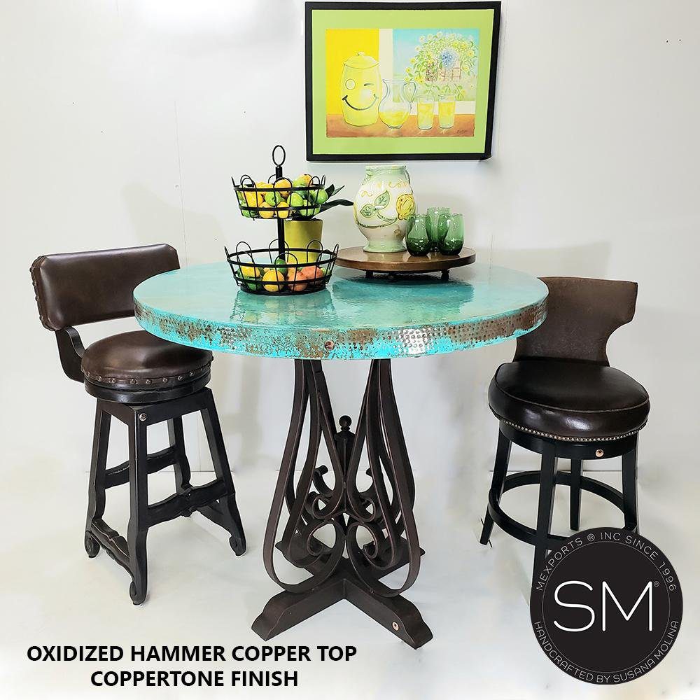Mexports by Susana Molina 38" Oxidized Hammer Copper Top High End Round Bar Table