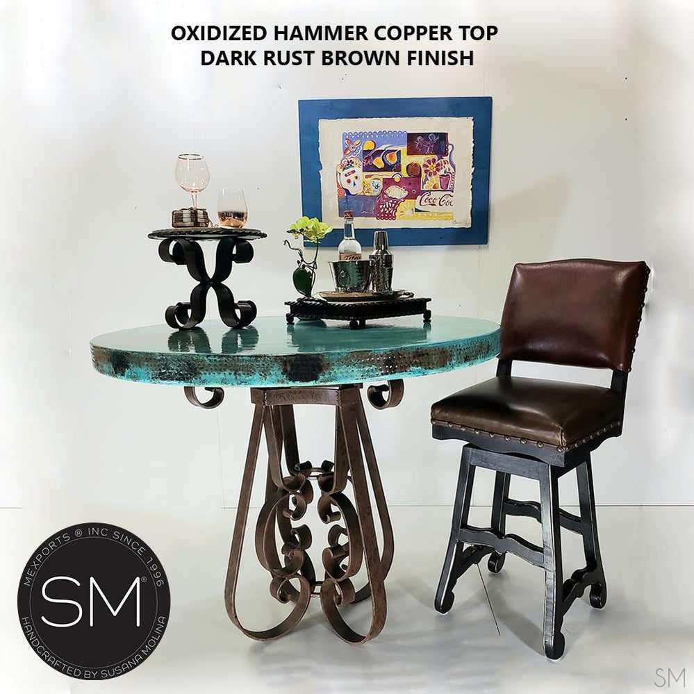 Mexports by Susana Molina 38" Oxidized Hammered Copper Top Round Modern Bar Table With Nails