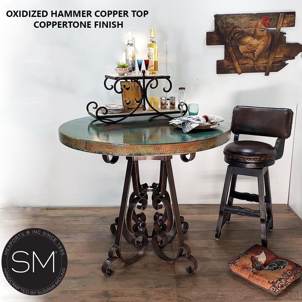 Mexports by Susana Molina 38" Oxidized Hammered Copper Top Round Modern Bar Table With Nails