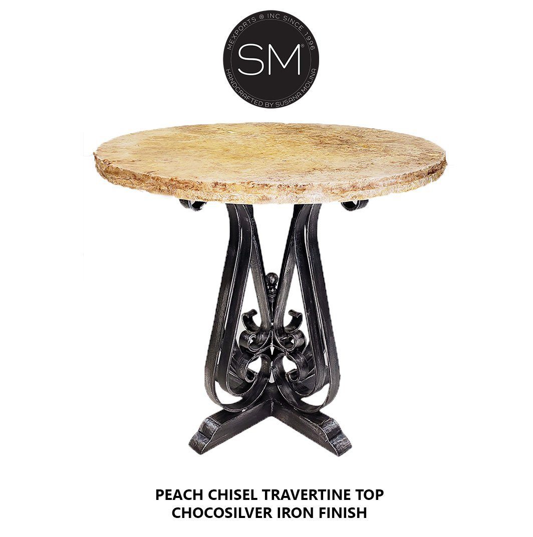 Mexports by Susana Molina 38" Peach Chisel Edge Modern Travertine Round Patio Bar Table