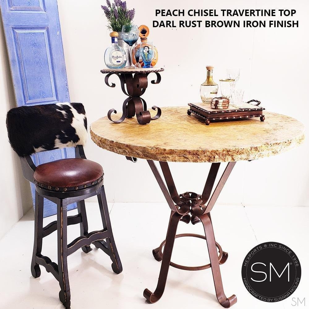Mexports by Susana Molina 38" Peach Chiseled Edge Luxury Outdoor Travertine Round Bar Table