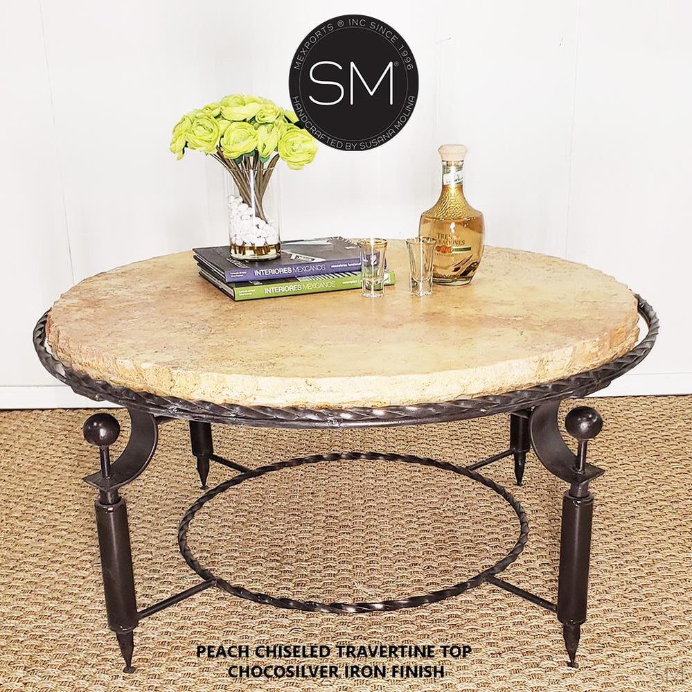 Mexports by Susana Molina 38" Peach Travertine Stone Chisel Edge Contemporary Round Coffee Table