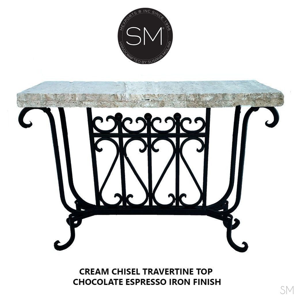Mexports by Susana Molina 44" Cream Travertine Stone Chiseled Edge Rectangular Console Table