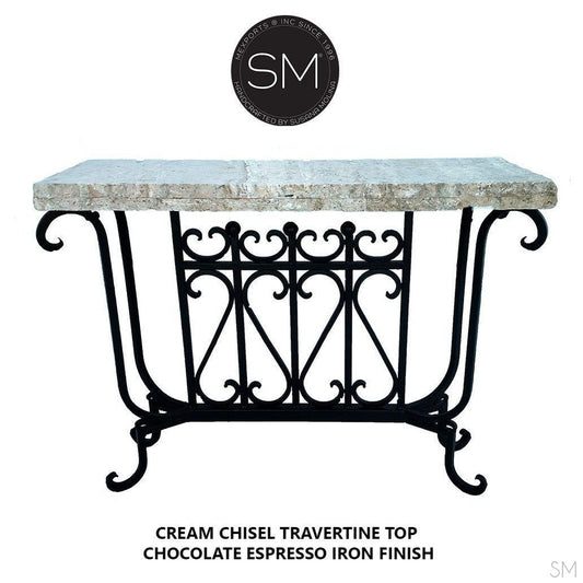 Mexports by Susana Molina 44" Cream Travertine Stone Chiseled Edge Rectangular Console Table