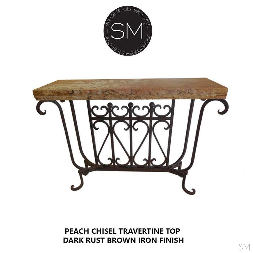 Mexports by Susana Molina 44" Peach Travertine Stone Chiseled Edge Rectangular Console Table