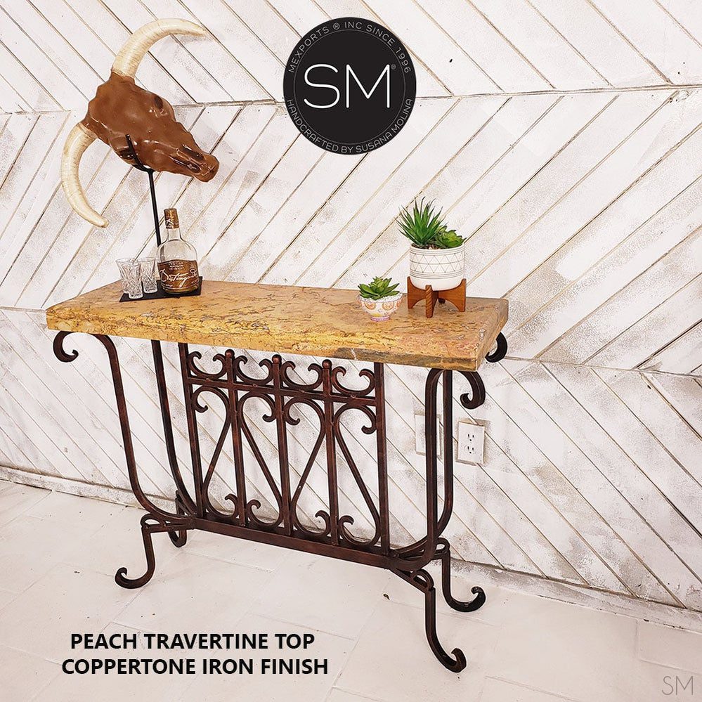 Mexports by Susana Molina 44" Peach Travertine Stone Straight Edge Rectangular Console Table