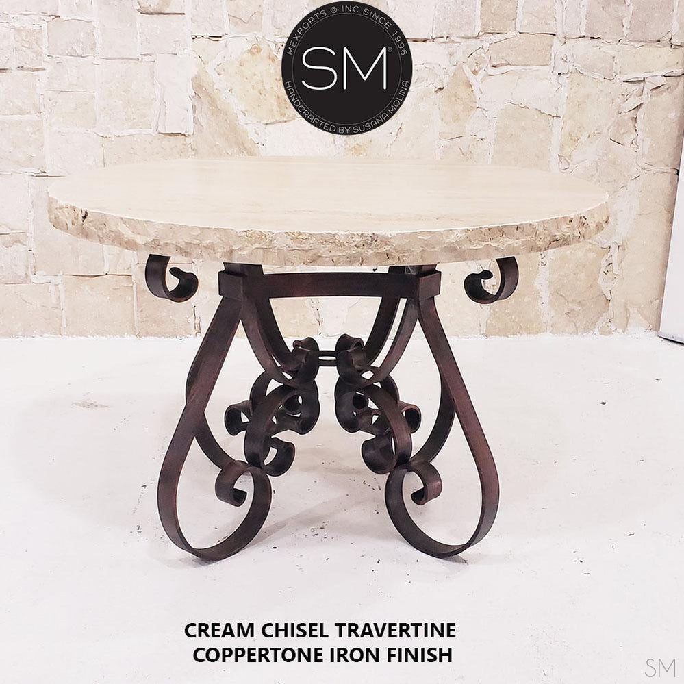 Mexports by Susana Molina 48" Cream Travertine Chisel Edge Round Vintage Outdoor Dining Table