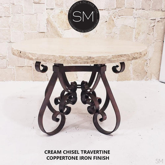Mexports by Susana Molina 48" Cream Travertine Chisel Edge Round Vintage Outdoor Dining Table