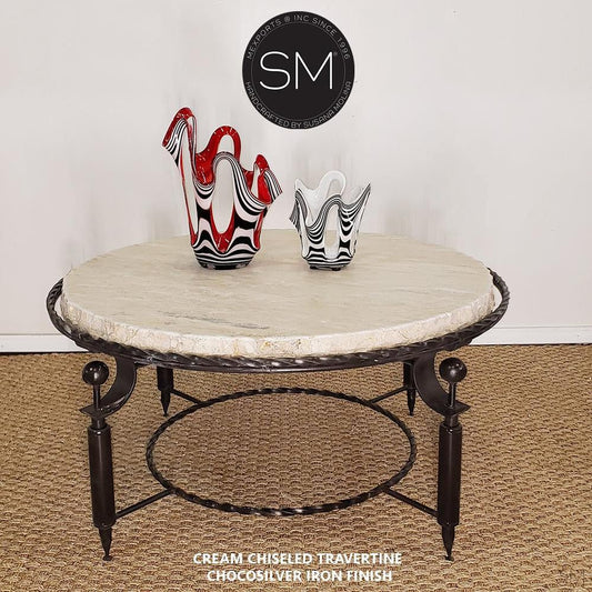 Mexports by Susana Molina 48" Cream Travertine Stone Chisel Edge Contemporary Round Coffee Table