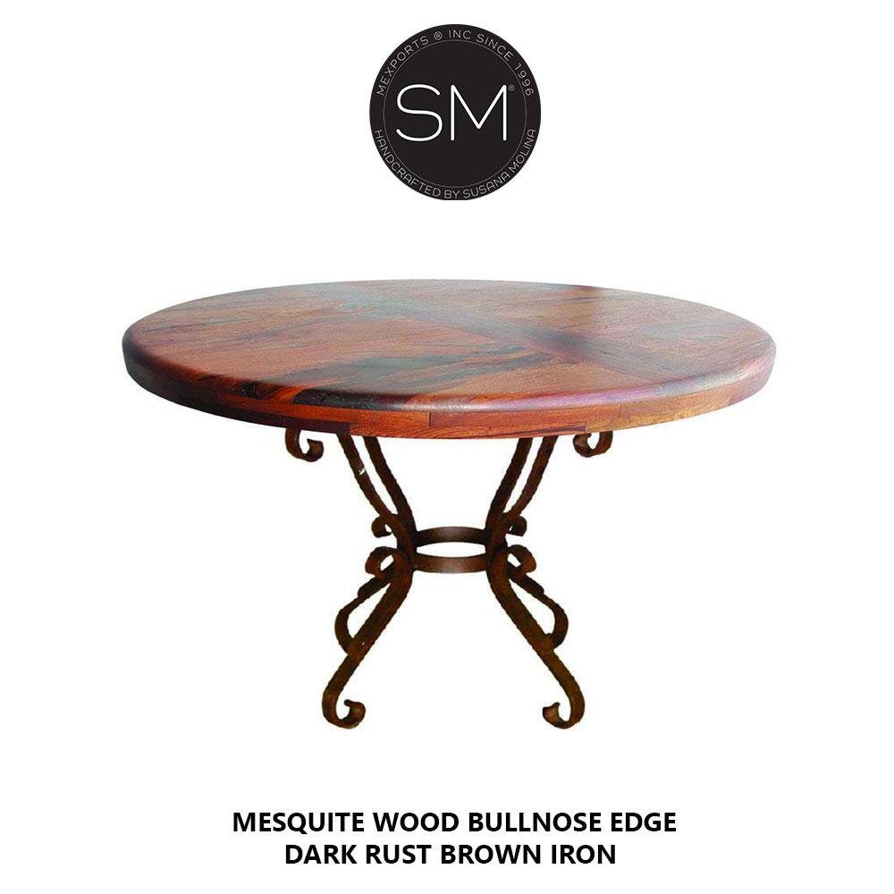 Mexports by Susana Molina 48" Mesquite Wood Bullnose Edge Gold Citrine Inlay With Nailheads Round Dining Table With Iron Base