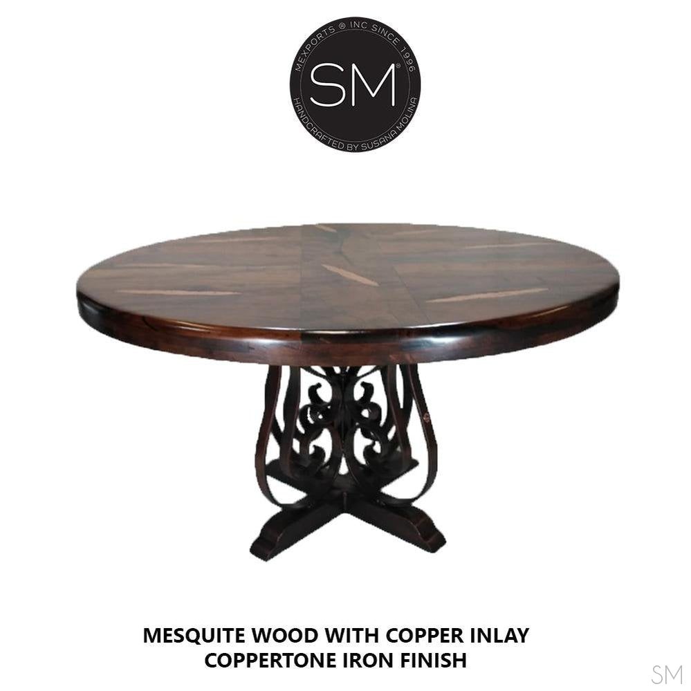 Mexports by Susana Molina 48" Mesquite Wood Gold Citrine Inlay With Nailheads Luxurious Round Dining Table