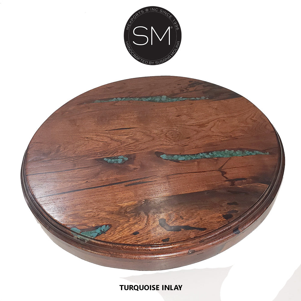 Mexports by Susana Molina 48" Mesquite Wood Tabletop Round Bar Table With Turquoise Gemstone Inlay