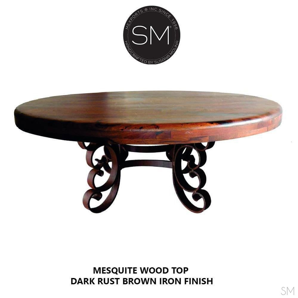 Mexports by Susana Molina 48" Mesquite Wood Top Gold Citrine Inlay Round Coffee Table With Wrought Iron Base
