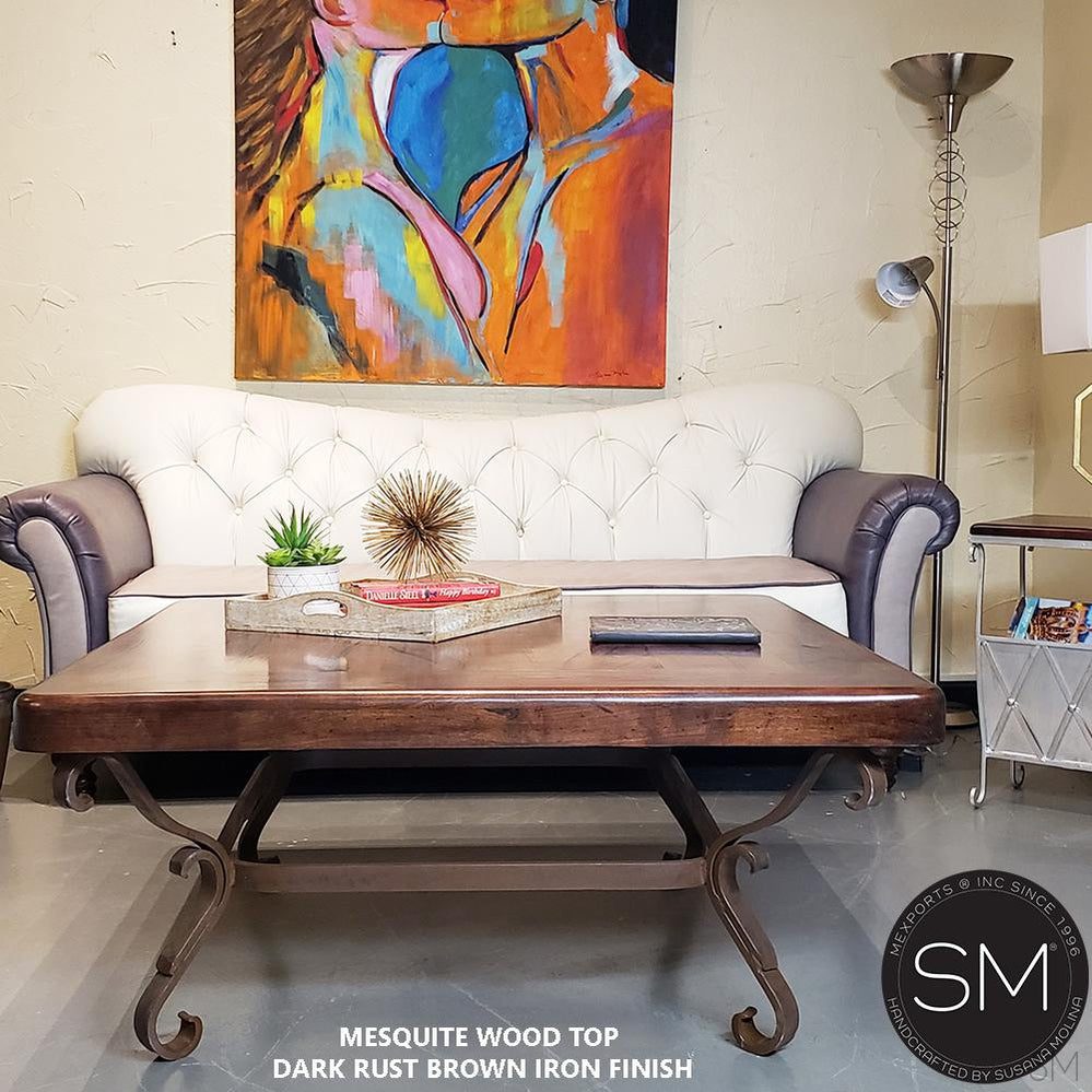 Mexports by Susana Molina 48" Mesquite Wood Top Live Edge Red Coral Inlay Square Coffee Table