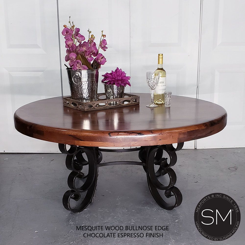 Mexports by Susana Molina 48" Mesquite Wood Top No Inlay Round Coffee Table With Wrought Iron Base