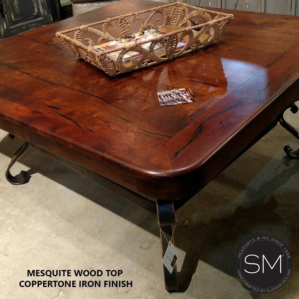 Mexports by Susana Molina 48" Mesquite Wood Top Round Corners Hammer Copper Inlay With Nailheads on Edge Square Coffee Table