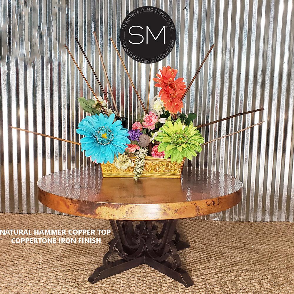 Mexports by Susana Molina 48" Natural Hammer Copper Top Deluxe Round Coffee Table With Scrolls on the Legs