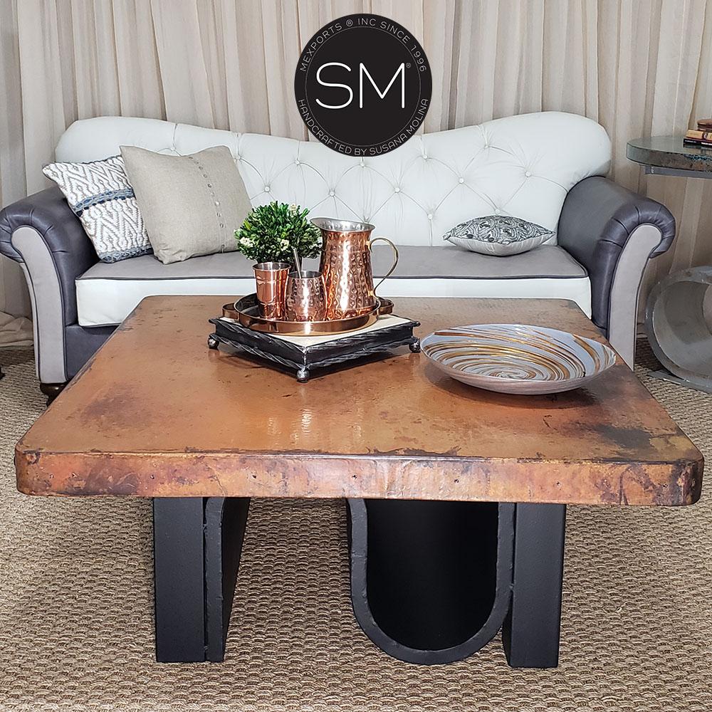 Mexports by Susana Molina 48" Natural Hammer Copper Top With Nailheads on Edge Square Contemporary Coffee Table