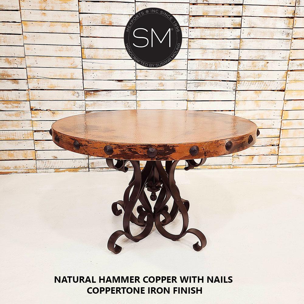 Mexports by Susana Molina 48" Natural Hammer Copper With Nailheads on Edge Round Dining Table