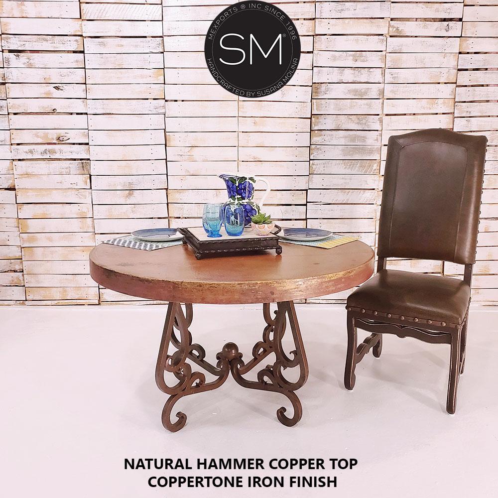 Mexports by Susana Molina 48" Natural Hammered Copper Round Dining Table With Scroll Legs