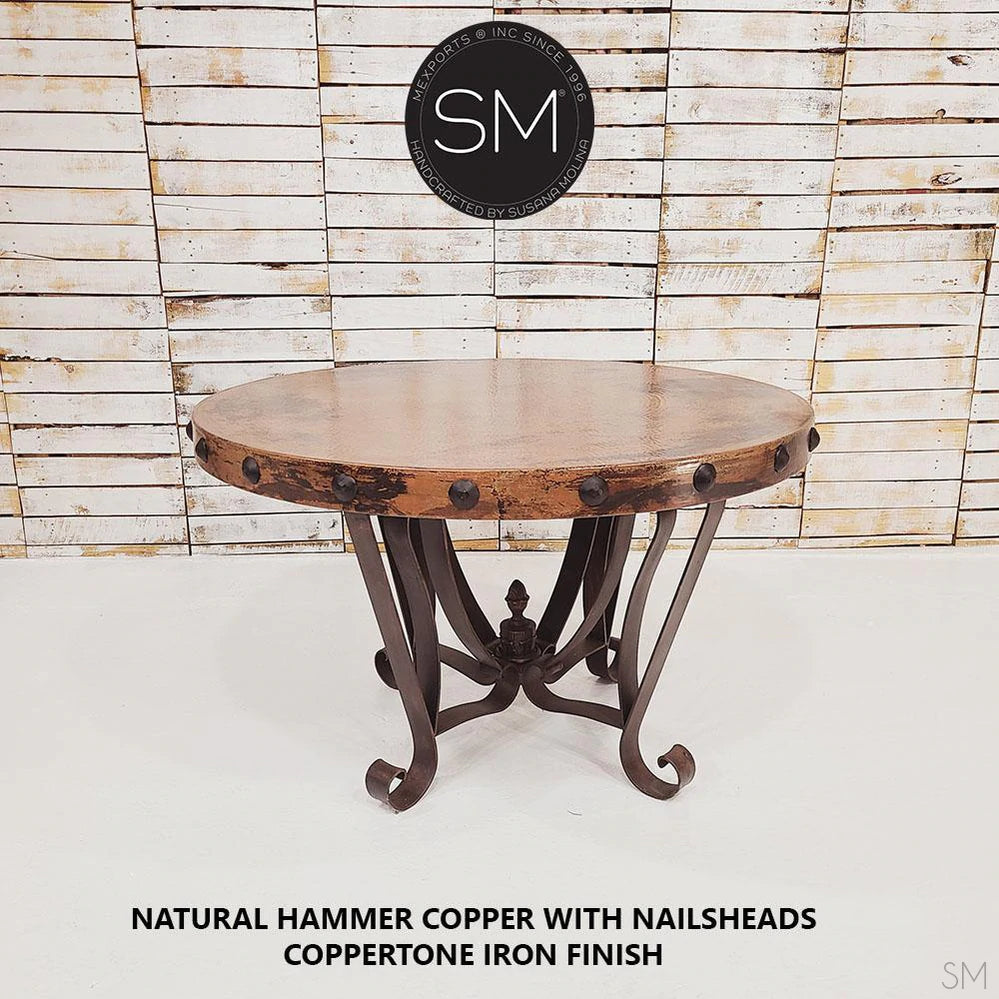 Mexports by Susana Molina 48" Natural Hammered Copper With Nailheads Luxury Round Dining Table With Flat Wrought Iron Base