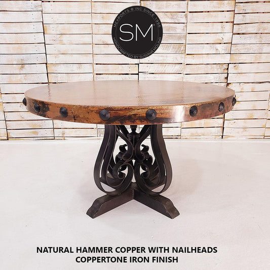 Mexports by Susana Molina 48" Natural Hammered Copper With Nailheads on Edge Round Dining Table