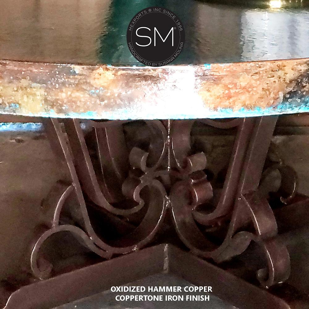 Mexports by Susana Molina 48" Oxidized Hammer Copper Top Deluxe Round Coffee Table With Scrolls on the Legs