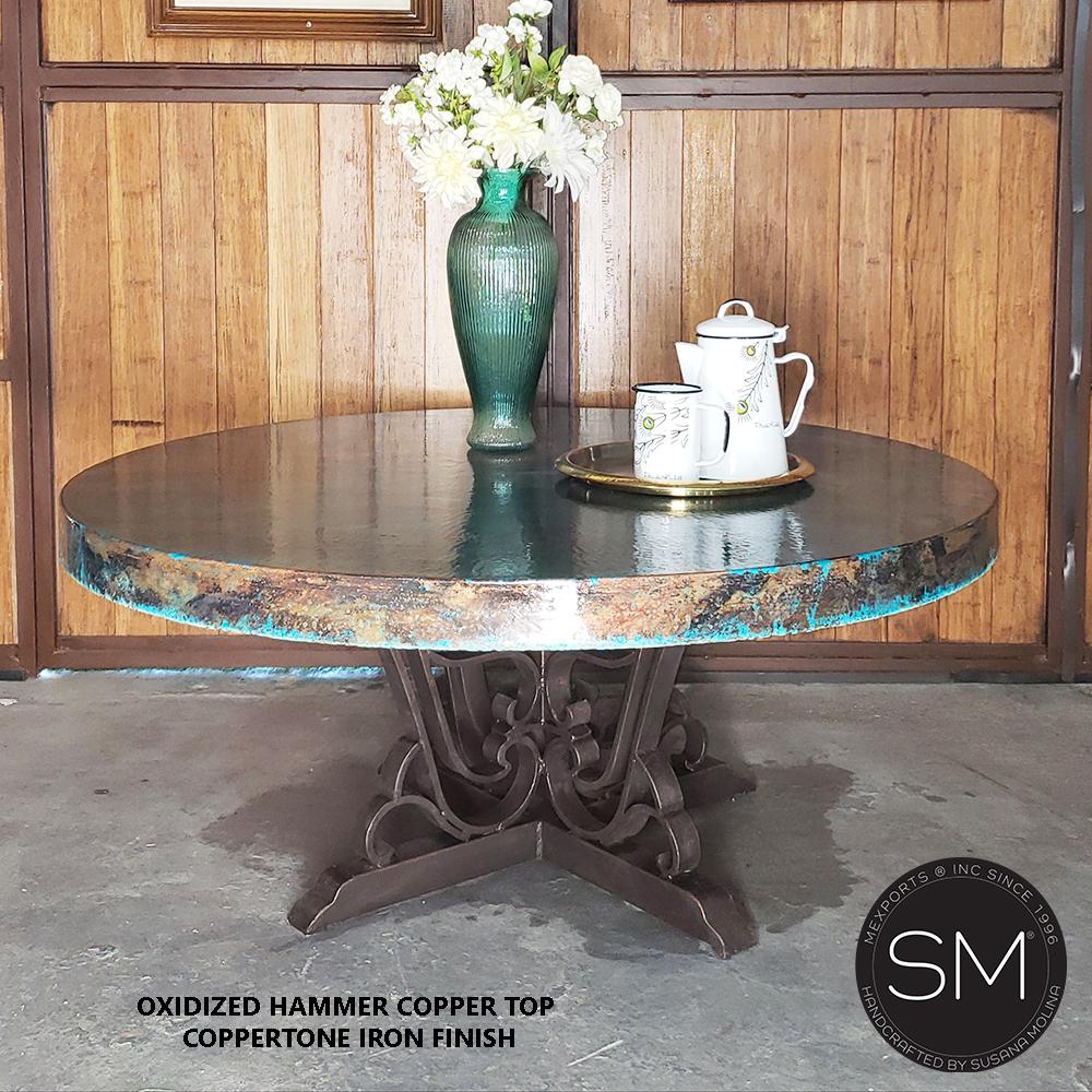 Mexports by Susana Molina 48" Oxidized Hammer Copper Top With Nailheads on Edge Deluxe Round Coffee Table With Scrolls on the Legs