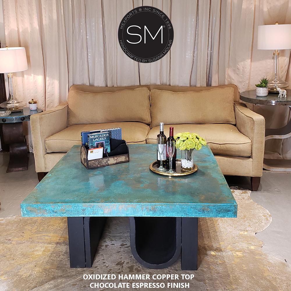 Mexports by Susana Molina 48" Oxidized Hammer Copper Top With Nailheads on Edge Square Contemporary Coffee Table