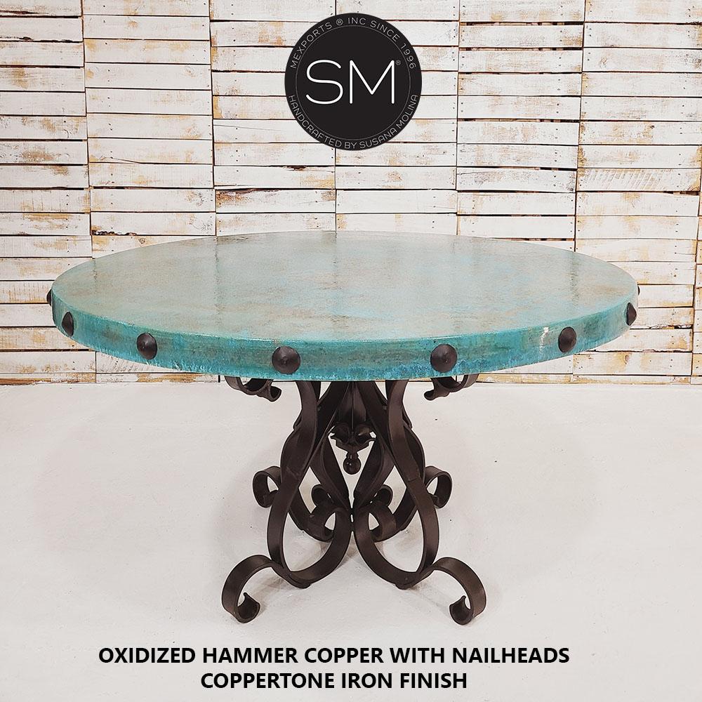 Mexports by Susana Molina 48" Oxidized Hammer Copper With Nailheads on Edge Round Dining Table