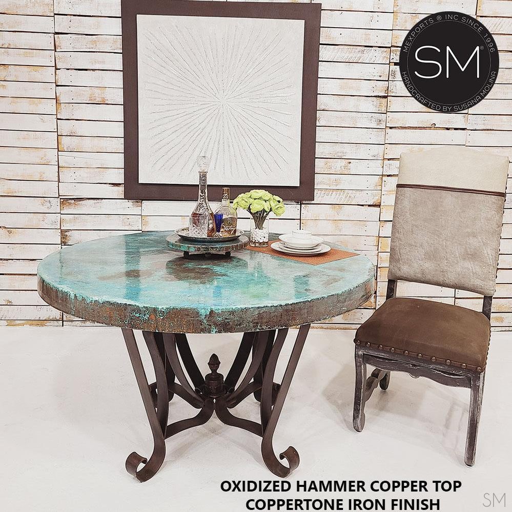 Mexports by Susana Molina 48" Oxidized Hammered Copper Luxury Round Dining Table With Flat Wrought Iron Base