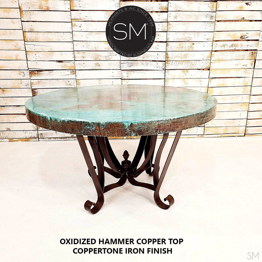 Mexports by Susana Molina 48" Oxidized Hammered Copper Luxury Round Dining Table With Flat Wrought Iron Base