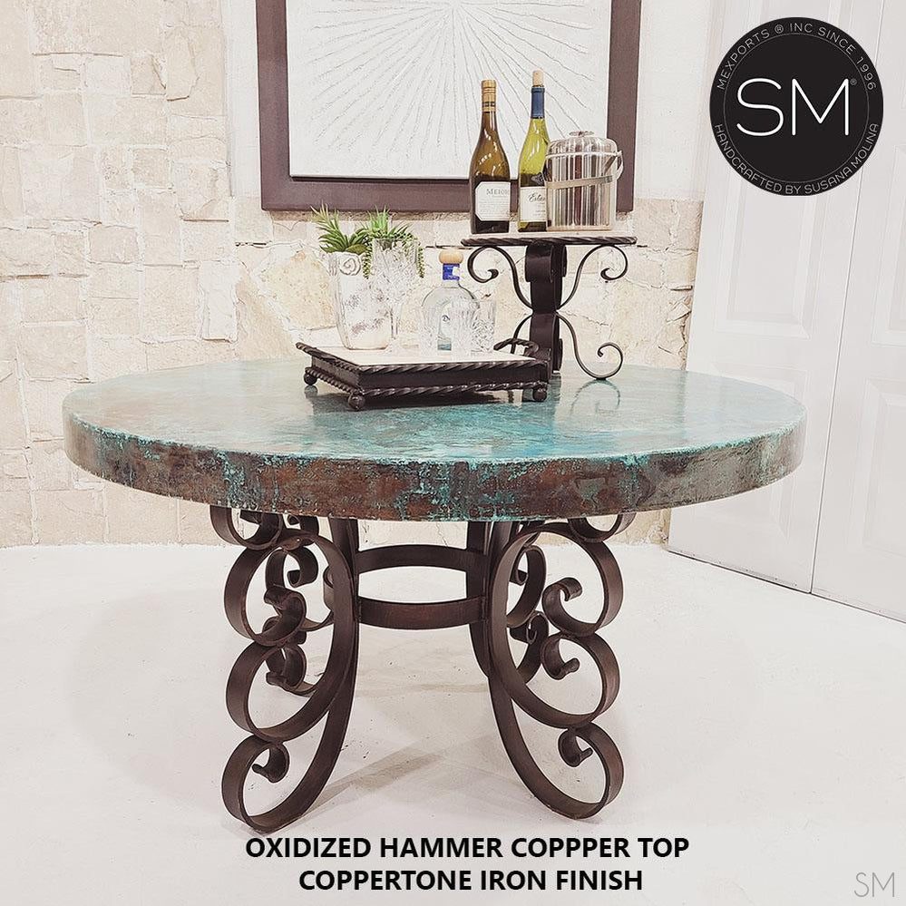 Mexports by Susana Molina 48" Oxidized Hammered Copper Round Dining Table With Hand-Forged Base
