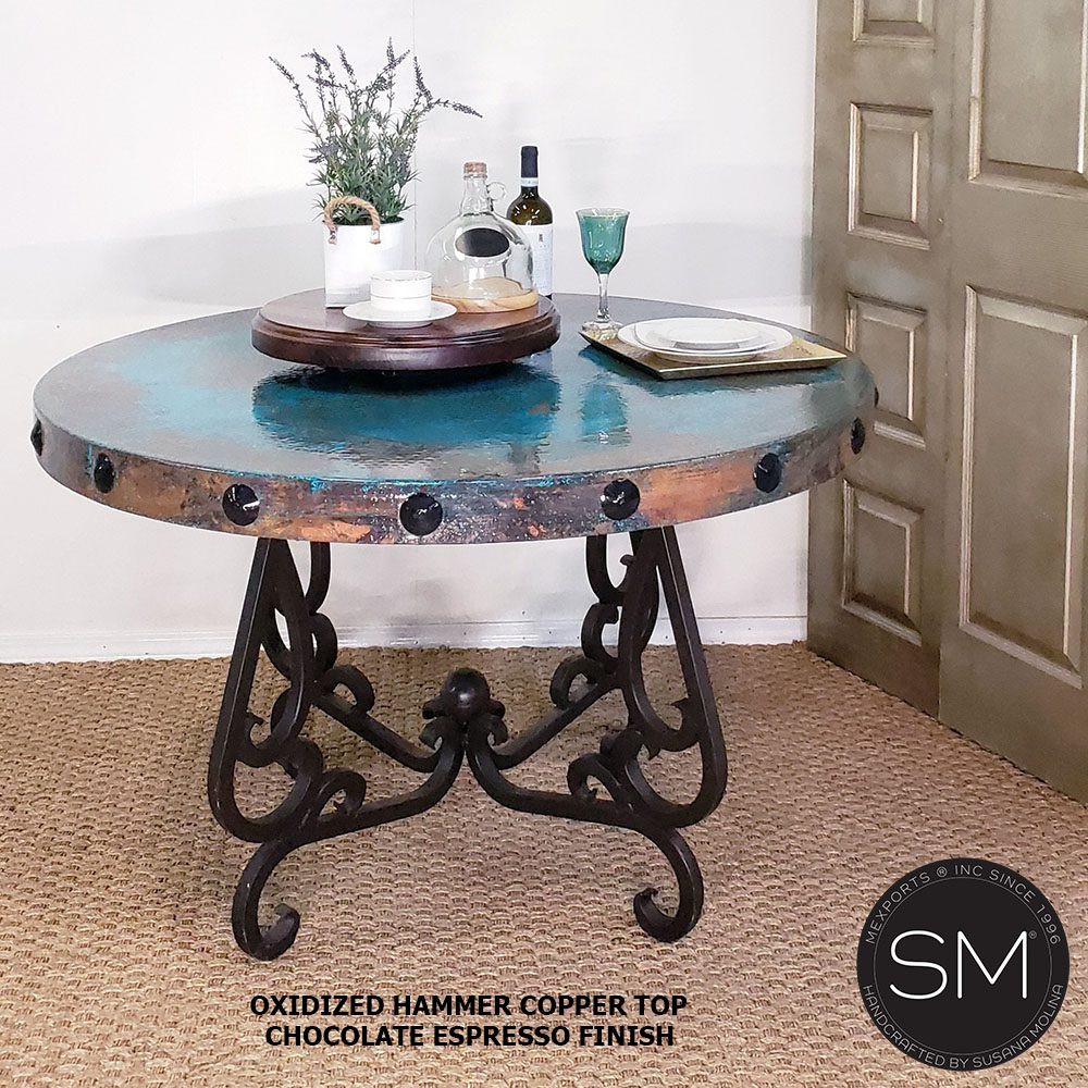 Mexports by Susana Molina 48" Oxidized Hammered Copper Round Dining Table With Scroll Legs and Nailheads on Edge