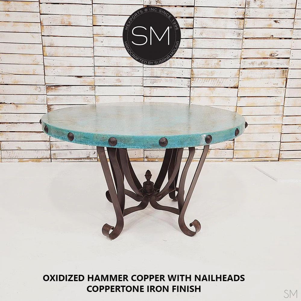 Mexports by Susana Molina 48" Oxidized Hammered Copper With Nailheads Luxury Round Dining Table With Flat Wrought Iron Base