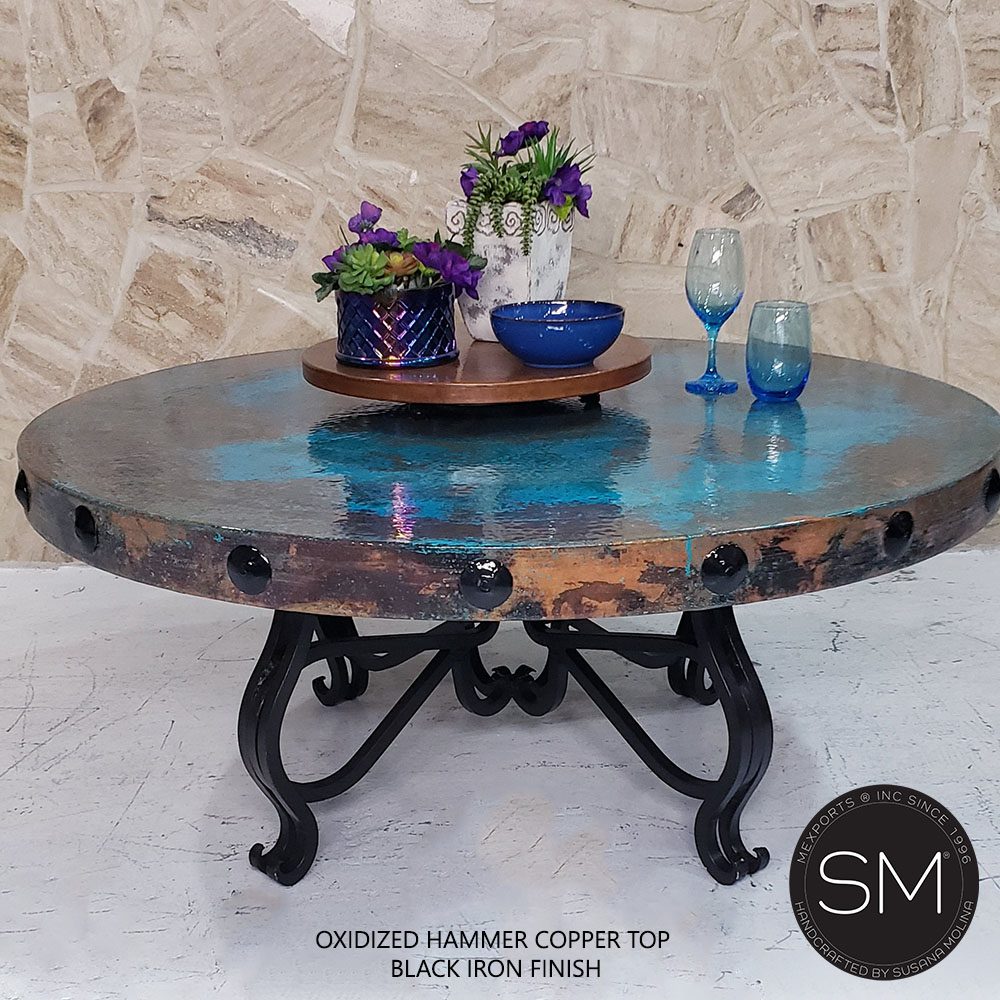 Mexports by Susana Molina 48" Oxidized Hammered Copper With Nailheads on Edge Luxury Round Coffee Table With Wrought Iron Base