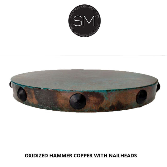Mexports by Susana Molina 48" Oxidized Vintage Hammered Copper Round Bar Table With Nails