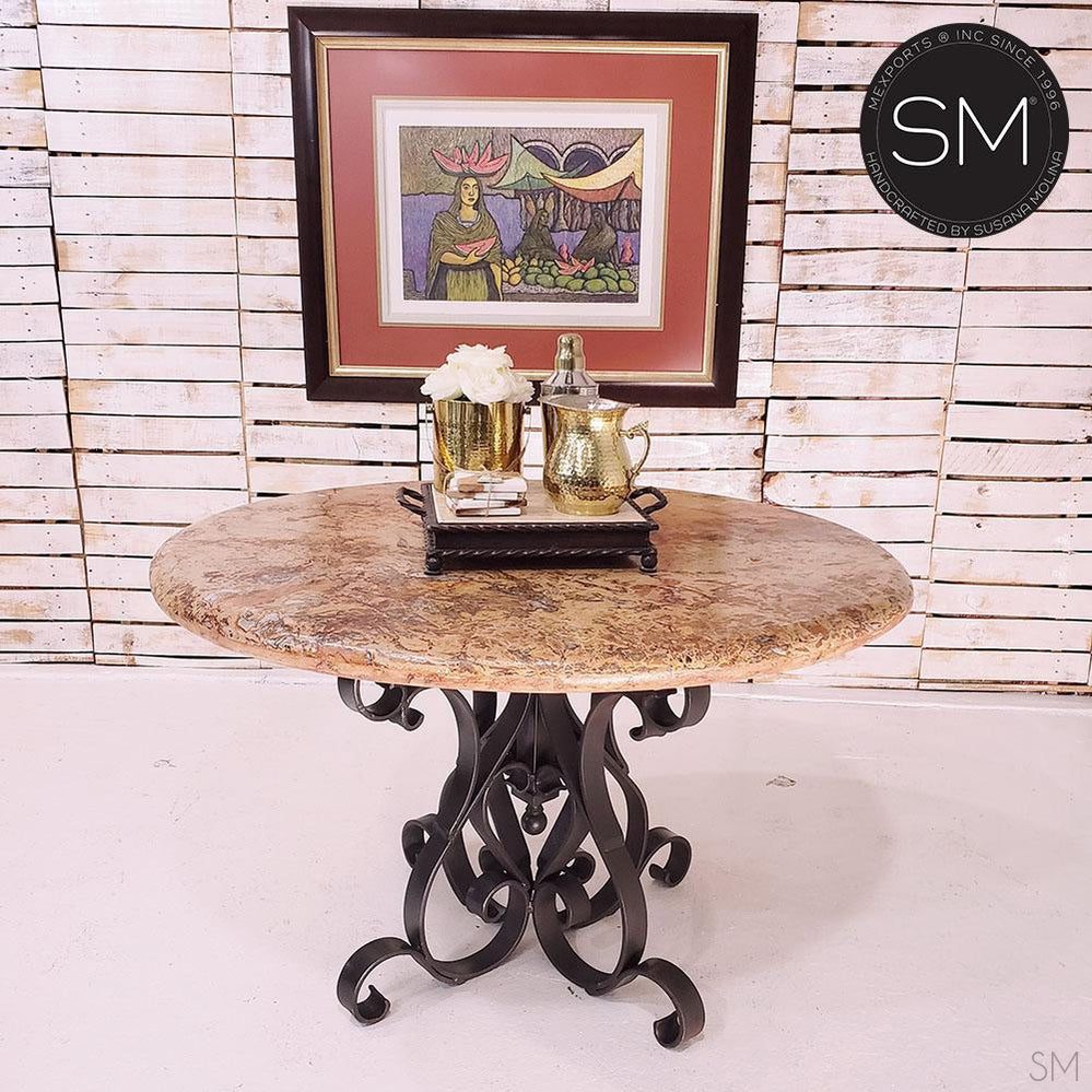 Mexports by Susana Molina 48" Peach Travertine Bullnose Edge Round Dining Table With Wrought Iron Base